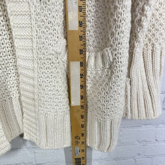 Wool Cardigan Women Medium Ivory Long Cable Knit Open Front Cottage Sweater - Picture 9 of 11